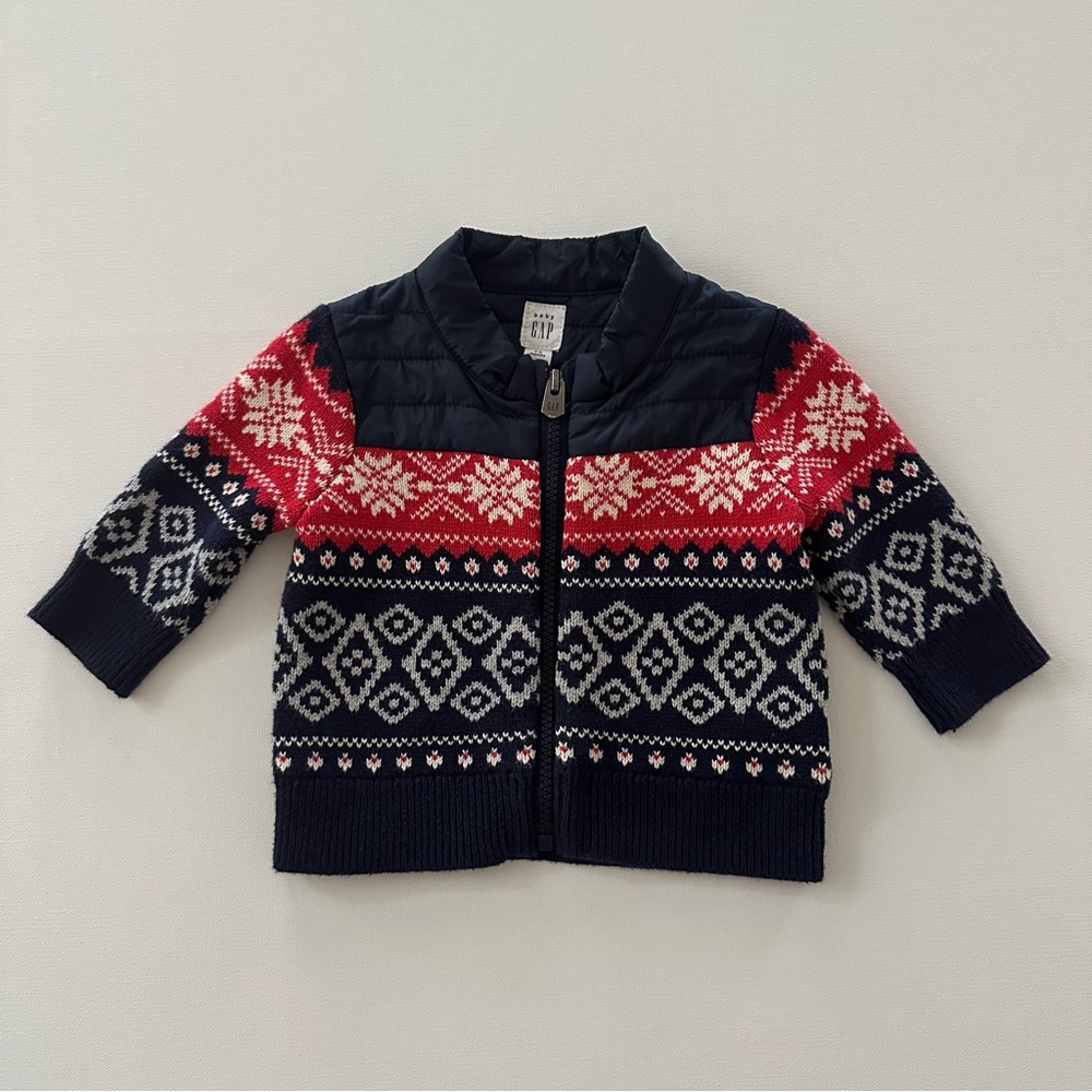 Gap 3-6 Months Baby Boy Holiday Christmas Fair Isle Jacket Cardigan Sweater Red